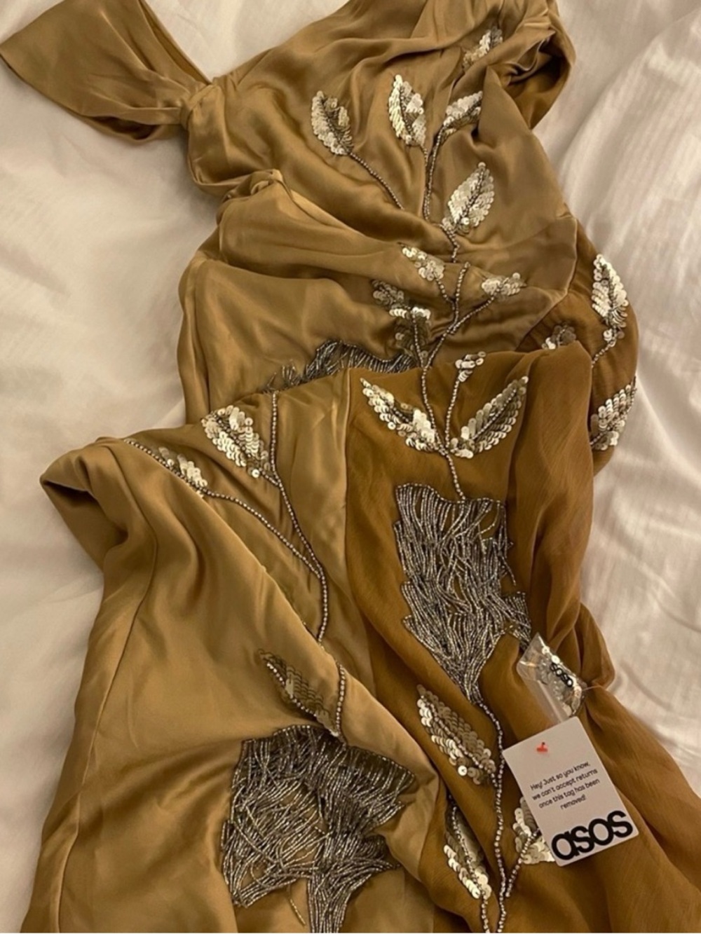 ASOS Gold Satin Maxi Dress with Silver Floral Embellishments